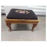 Vintage Carved Wood Footstool Floral Needlepoint Upholstered Top