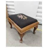 Vintage Carved Wood Footstool Floral Needlepoint Upholstered Top