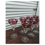 Lot Including 6 Cranberry Flash Floral Etched Cordial Wine Glasses