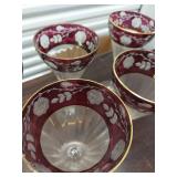 Lot Including 6 Cranberry Flash Floral Etched Cordial Wine Glasses