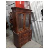 Antique Step Back Glass Door Cabinet Over 3 Drawer Chest