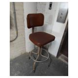Vintage Industrial Rolling Drafting Stool Brown Vinyl w/ Backrest