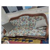 Vintage Wicker Rattan Sofa Floral Cushions Throw Pillows 80in