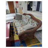 Vintage Wicker Rattan Sofa Floral Cushions Throw Pillows 80in