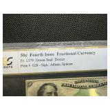 50 Cent Fourth Issue Fractional Currency Fr. 1379 Green Seal Dexter Plate # G28 - Sign.: Allison, Spinner PCGS About UNC 55