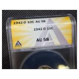 1942 D Silver Mercury Dime ANACS AU58