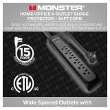 Monster 15ft Black Power Strip and Tower Surge Protector, Heavy Duty Protection, 300 Joule Rating and 6 120V-Outlets