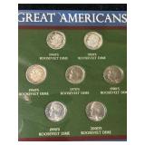 GREAT AMERICANS COINS & STAMPS 7 COIN ROOSEVELT DIME BOOK