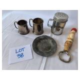 VINTAGE Assortment of bottle opener; Jim Beam shaker, 2 mugs, John Deere tray - Lot of 5