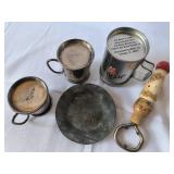 VINTAGE Assortment of bottle opener; Jim Beam shaker, 2 mugs, John Deere tray - Lot of 5
