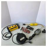 Lot of Jobsite Electrical Accessories with Retractable Extension Reel, Power Strip and Trouble Light