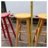 Lot of 3 Wooden Bar Stools Red and Natural Finish