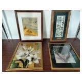 These items appear to be vintage, framed botanical and nature prints, including works that resemble De Jonge flower art