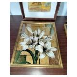 These items appear to be vintage, framed botanical and nature prints, including works that resemble De Jonge flower art