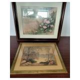 These framed prints share characteristics with early 20th-century American landscape art, specifically resembling hand-tinted photographs by Wallace Nutting.