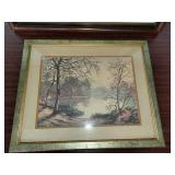 These framed prints share characteristics with early 20th-century American landscape art, specifically resembling hand-tinted photographs by Wallace Nutting.