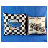 These vintage 90s NASCAR throw pillows feature a checkered flag design with a blue #53 car and a white design highlighting a Goodwrench #3 Chevrolet Monte Carlo