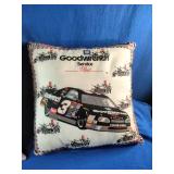 These vintage 90s NASCAR throw pillows feature a checkered flag design with a blue #53 car and a white design highlighting a Goodwrench #3 Chevrolet Monte Carlo