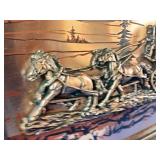 This is a vintage 1970s framed 3D copper relief art piece depicting a U.S. Mail stagecoach, signed by artist John Louw