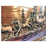 This is a vintage 1970s framed 3D copper relief art piece depicting a U.S. Mail stagecoach, signed by artist John Louw