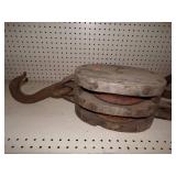 Huge Vintage  Wood Double Pully with Hook