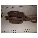 Huge Vintage  Wood Double Pully with Hook