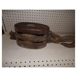 Huge Vintage  Wood Double Pully with Hook