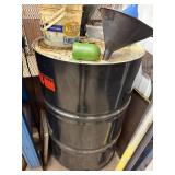 Industrial Steel Drum With Funnel & Assorted Shop Items Mixed Lot