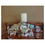 Lot Including Silver-Tone Snowflake Candle Holder, Cut Glass Goblets, Figurines