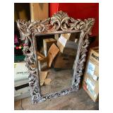 Hand Carved Mango Wood Wall Mirror Distressed Whitewash 39in