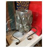 Metal & Glass Candle Holder Scroll Stand Oval Lens Design Patina