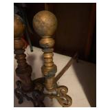 Antique Brass Fireplace Andirons Pair Scroll Feet One Incomplete