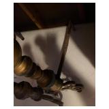 Antique Brass Fireplace Andirons Pair Scroll Feet One Incomplete