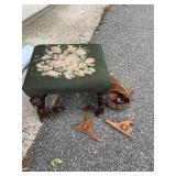 Antique Victorian Footstool Needlepoint Upholstery Wood Base Repair