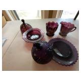 Amethyst Glass Gilt Floral 6 Pc Set Covered Dishes Creamer Sugar