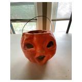 Vintage Papier-Mache, (double sided faces) Jack O Lantern Halloween Basket 5in Two-Sided