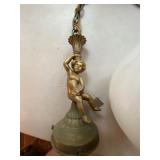 Vintage Cherub Figural Hanging Light Fixtures Pair w Milk Glass Globe