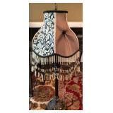 Ornate Table Lamp w Beaded Fringe Damask Shade Tufted Accent