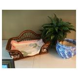 Blue Spongeware Planter Faux Fern Wicker Doll Bed Decor Set Good