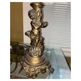 Vintage Cherub Figural Table Lamp w Fringed Shade Approx 30in Tall