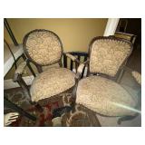 Antique Upholstered Parlor Armchairs Pair Carved Wood Floral Fabric