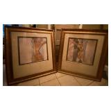 Pair Contemporary Framed Abstract Figural Wall Art Gold Frames