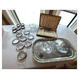 Vintage Silverplate & Glass Serving Lot Tray Coasters Flatware Set