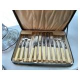 Vintage Silverplate & Glass Serving Lot Tray Coasters Flatware Set