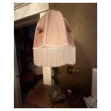 Vintage Figural Table Lamp Pink Pleated Fringe Shade Ornate Base 30in