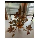 Vintage Floral Tole Metal 4-Light Chandelier Lily Motif Distressed