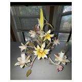 Vintage Floral Tole Metal 4-Light Chandelier Lily Motif Distressed