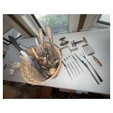 Vintage Kitchen Utensil Lot Wood Handle Knives Carving Tools Basket