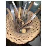 Vintage Kitchen Utensil Lot Wood Handle Knives Carving Tools Basket