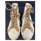 PRADA Milano High-Top Sneakers - Beige Canvas & Tan Leather, EU 39 1/2